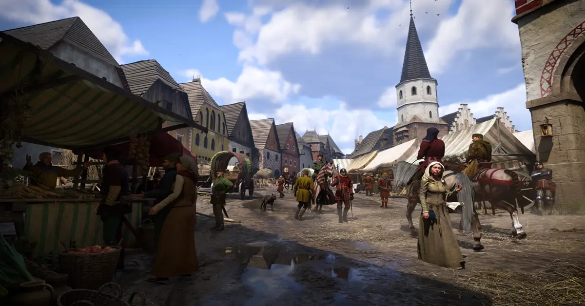 Ein detaillierter Blick auf die belebten mittelalterlichen Stadtmärkte und authentischen NPCs in Kingdom Come Deliverance 2