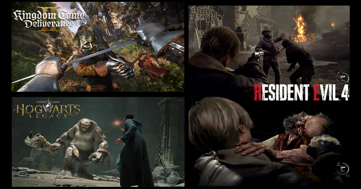 Eine Collage von Szenen aus Kingdom Come Deliverance 2, Resident Evil 4 Remake und Hogwarts Legacy, die Gameplay-Mechaniken zeigen
