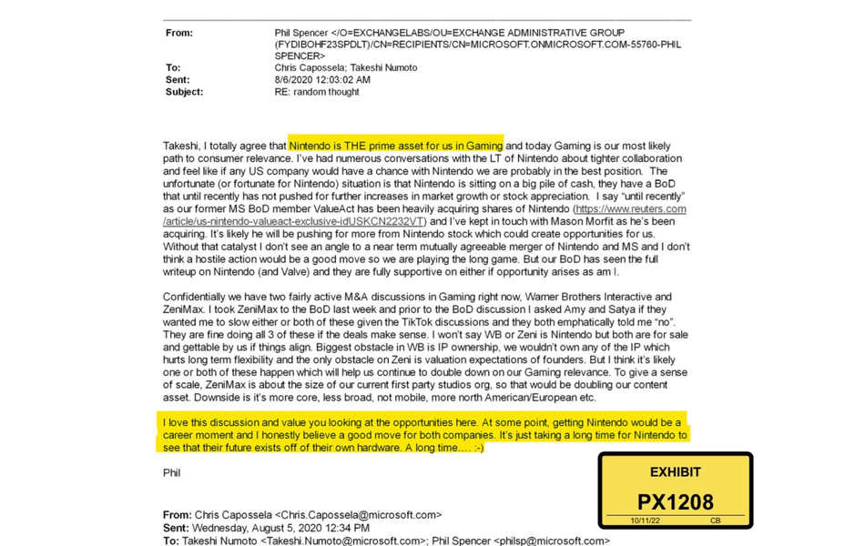 Auszug aus Microsofts E-Mail von 2020 über den Kauf von Nintendo