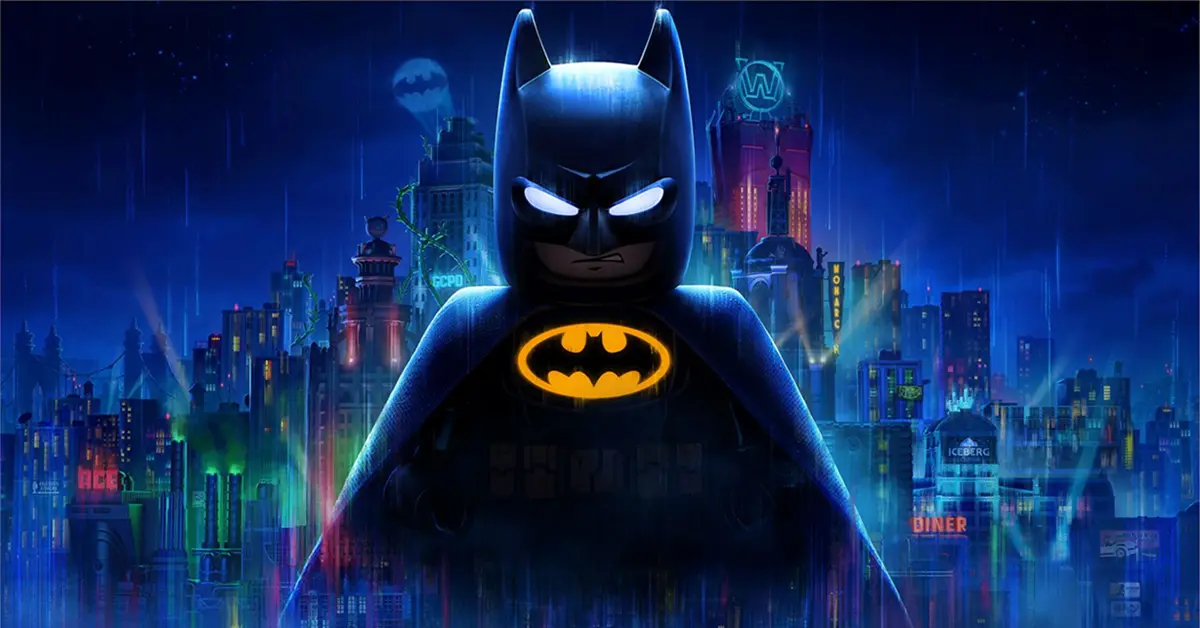 LEGO Batman Legacy of the Dark Knight Cover-Artwork, das Batman mit Blick auf Gotham City zeigt