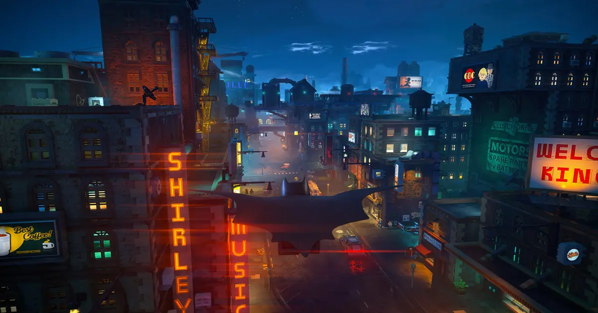 LEGO Batman Legacy of the Dark Knight Gameplay-Screenshot zeigt Batman in einem Open-World-Gotham-City