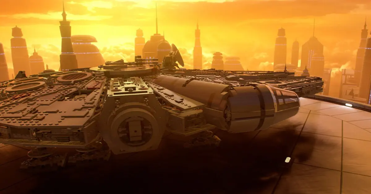 Der Millennium Falke fliegt auf einen belebten planetaren Hub in LEGO Star Wars zu