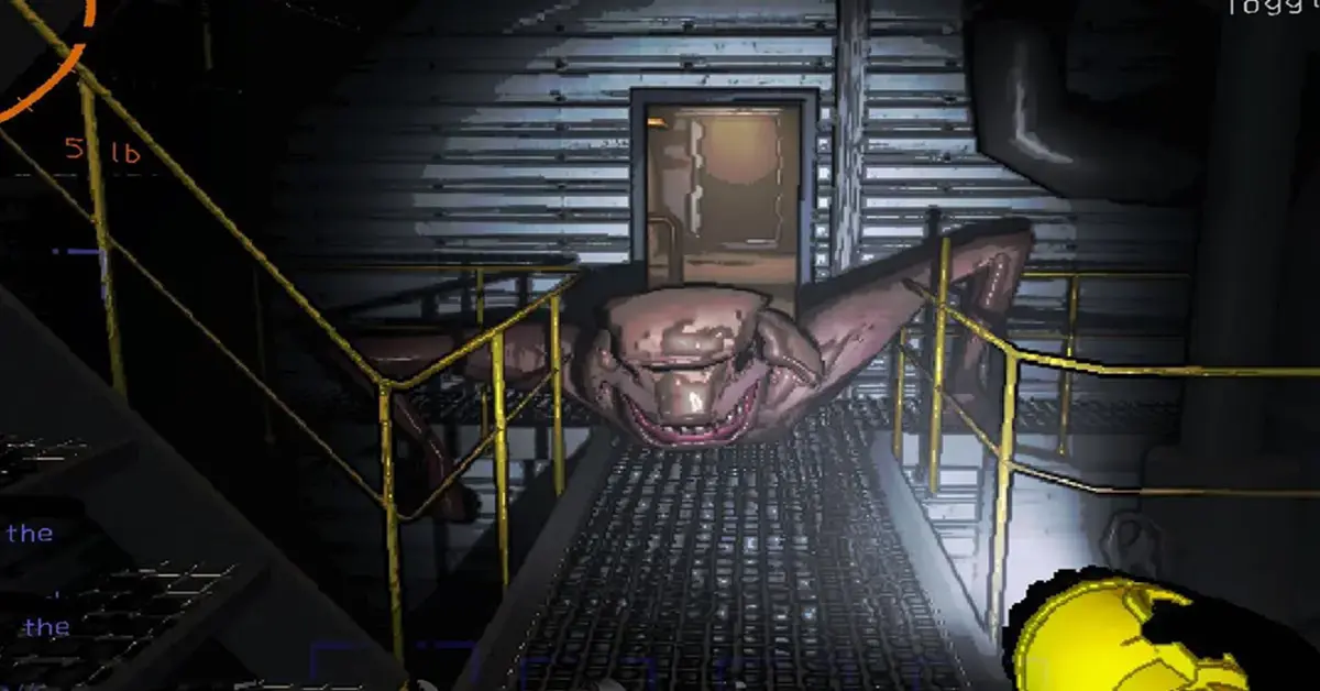 Eine Spielfigur steht einem „Thumper“-Monster in einem schwach beleuchteten Korridor gegenüber.