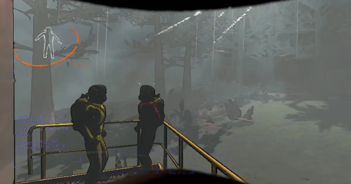 Ein hektischer Koop-Moment in Lethal Company, in dem ein Spieler von einem Monster gejagt wird, während Teamkollegen aus der Ferne zusehen.