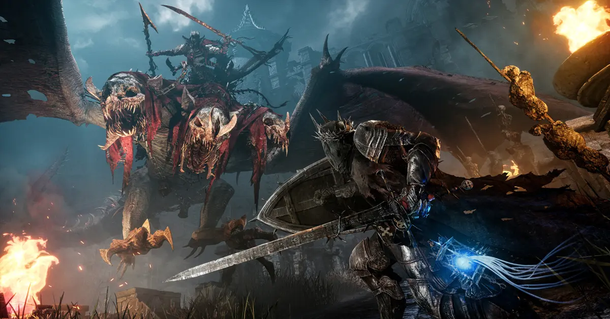 Lords of the Fallen-Protagonist mit einer Lampe in einer Dark-Fantasy-Umgebung.