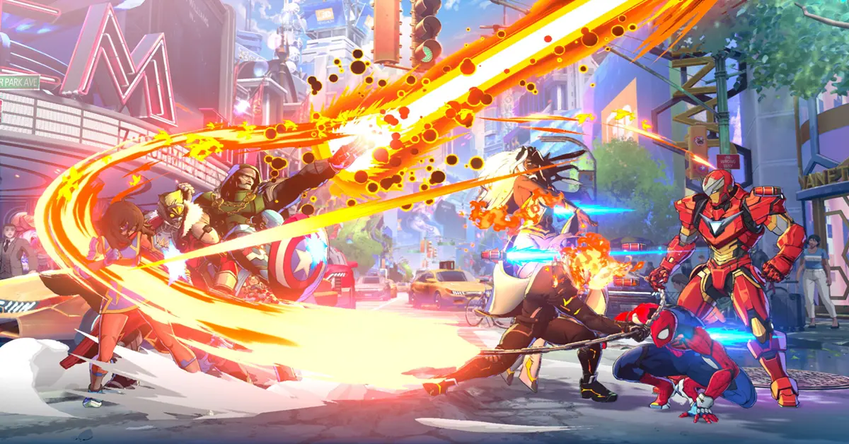 Spider-Man und Iron Man treffen in einer dynamischen, vom Anime inspirierten Tag-Team-Arena auf Doctor Doom.