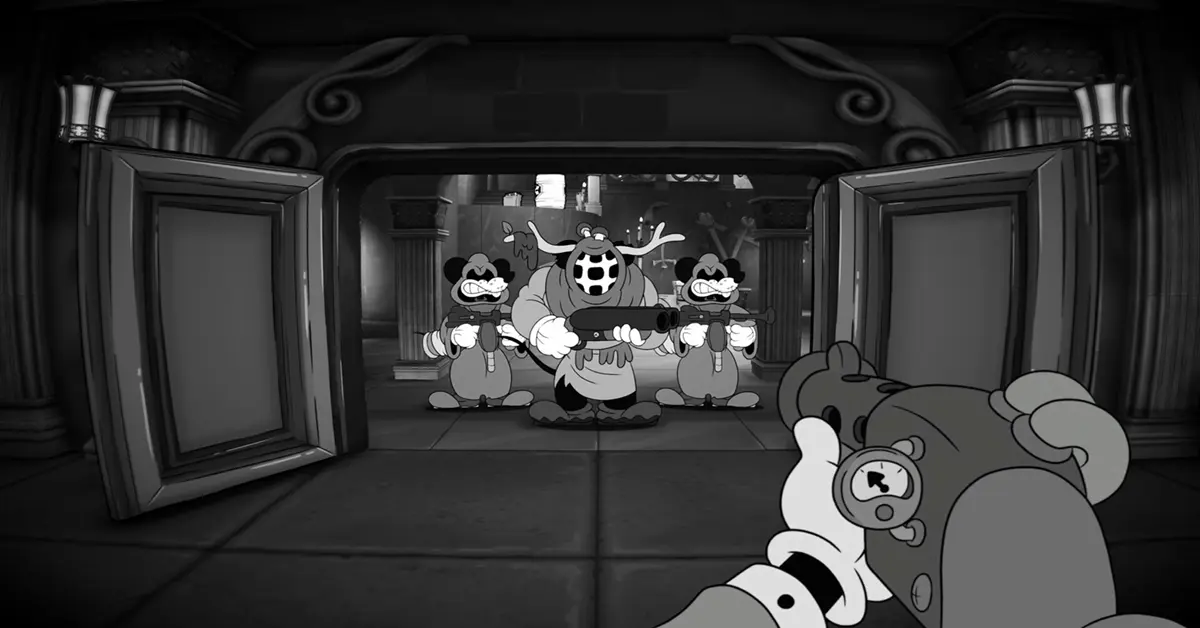 Ein kinoreifer Gameplay-Shot von MOUSE: P.I. For Hire, der den Rubber-Hose-Animationsstil der 1930er Jahre zeigt.