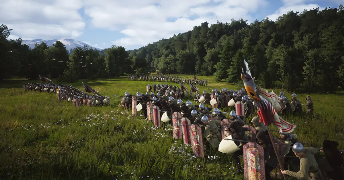 Eine Formation mittelalterlicher Speerkämpfer im taktischen Kampf in Manor Lords auf dem PC.