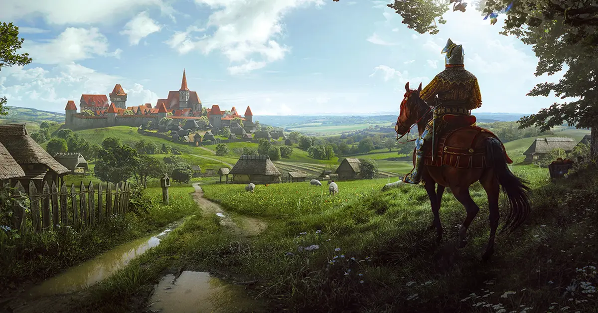 Ein belebtes mittelalterliches Dorf in Manor Lords mit Bauern, die auf den Feldern arbeiten, und einer Burg in der Ferne