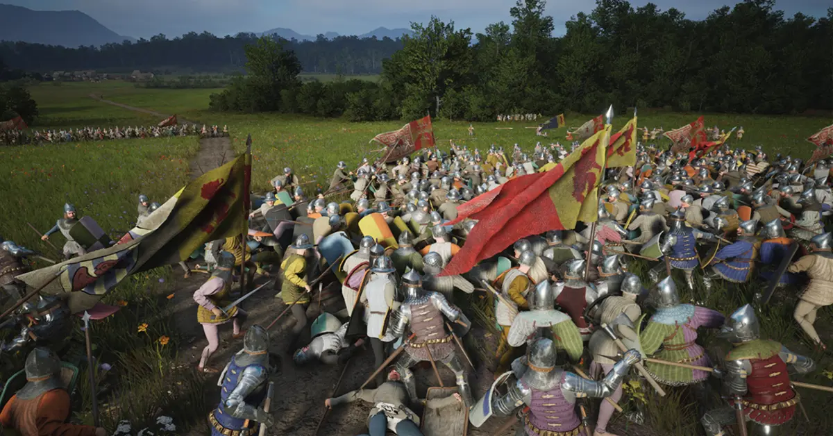 Ansicht von oben auf eine taktische mittelalterliche Schlacht in Manor Lords mit Bogenschützen, die auf vorrückende Infanterie feuern