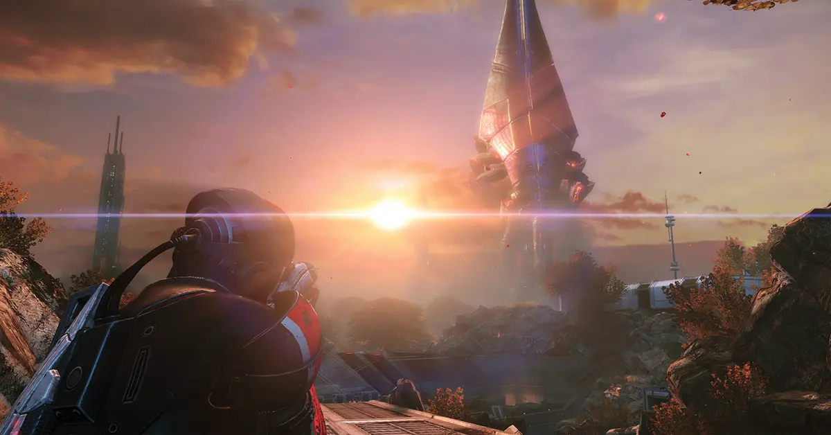 Commander Shepard erkundet eine außerirdische Planetenlandschaft im überarbeiteten Mass Effect 1