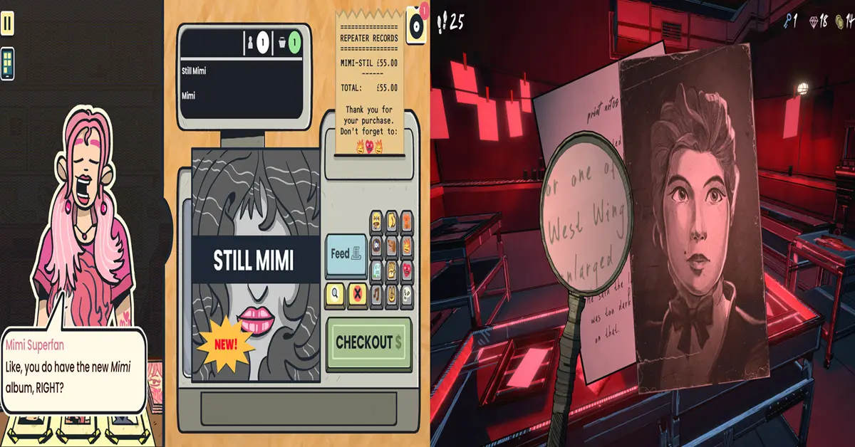 Gameplay-Screenshot mit der Ladentheke des Plattenladens in Wax Heads neben Puzzle-Elementen aus Blue Prince.