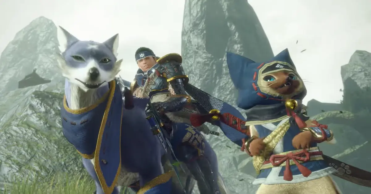 Zwei Jäger reiten in Monster Hunter Rise auf Palamutes neben einem Palico-Begleiter.