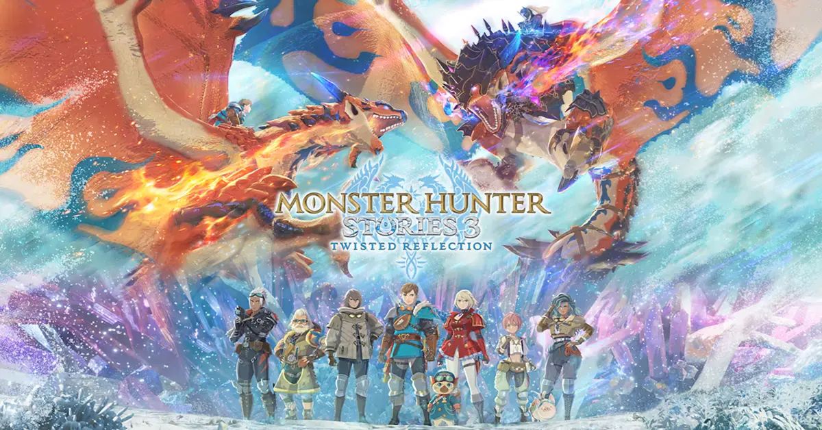 Zwillings-Rathalos, die in Monster Hunter Stories 3 durch den Himmel gleiten.