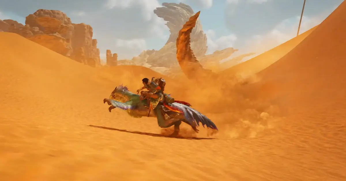 Ein Jäger reitet auf seinem Seikret-Reittier durch einen gewaltigen Sandsturm in Monster Hunter Wilds.