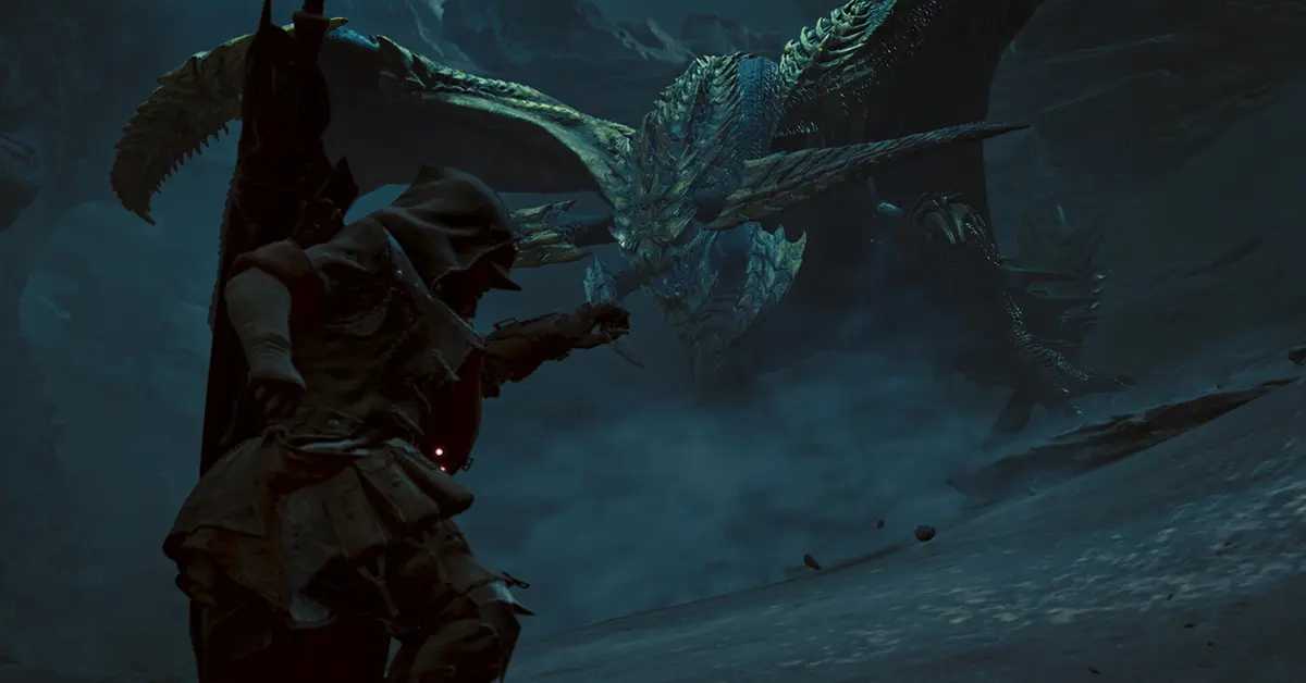 Detaillierte Ansicht eines Jägers, der ein Großschwert gegen einen fliegenden Wyvern einsetzt