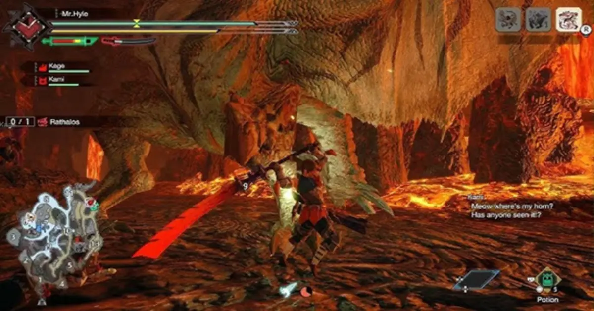 Ein Jäger mit einem Langschwert steht einem feuerstuckenden Rathalos in einer vulkanischen Arena gegenüber.