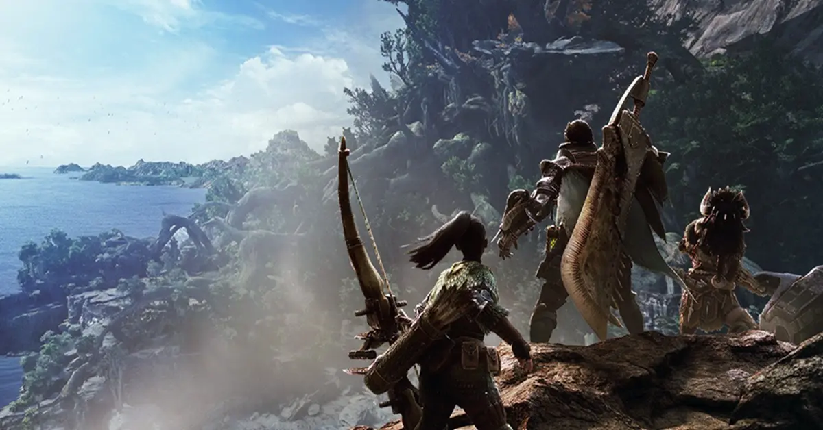 Eine weitläufige Landschaft des Uralten Waldes in Monster Hunter World mit üppiger Vegetation und aufragenden Klippen.