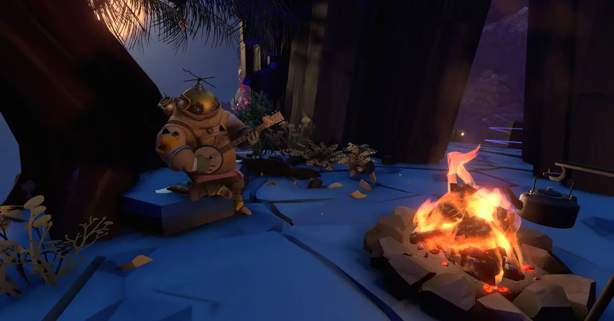 Ein Spielercharakter steht auf einer zerfallenden Planetenoberfläche in Outer Wilds.