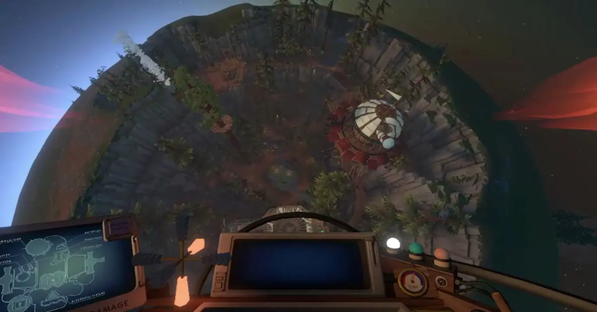 Planetare Erkundungslandschaft in Outer Wilds.
