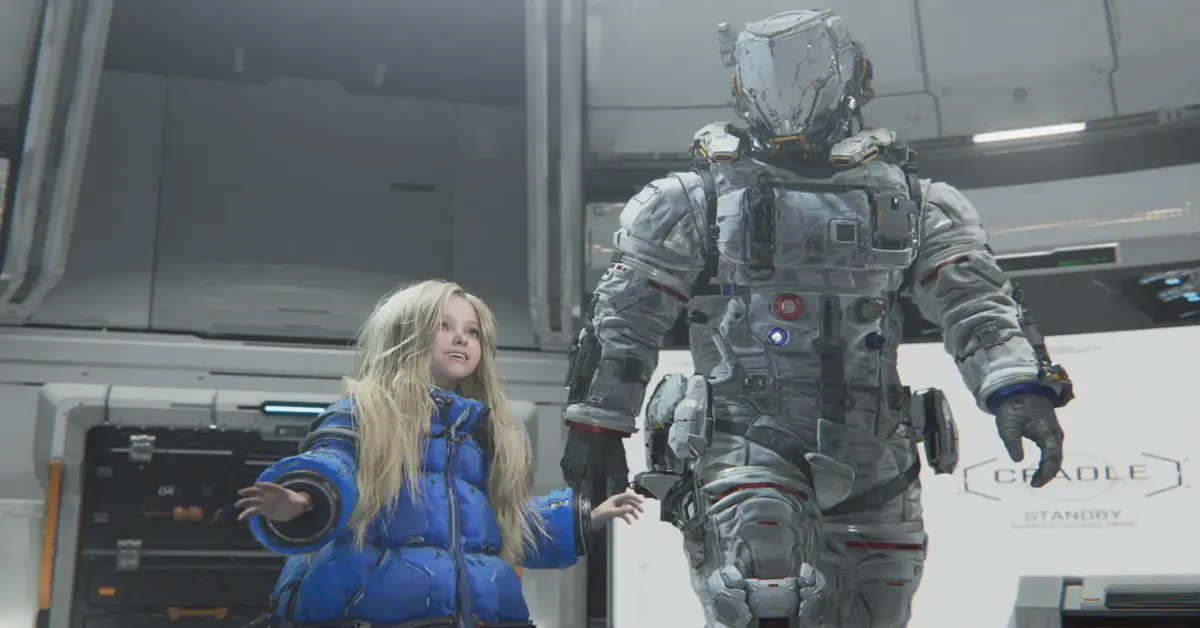 Hugh und Diana stehen auf der Mondoberfläche in Capcoms PRAGMATA.