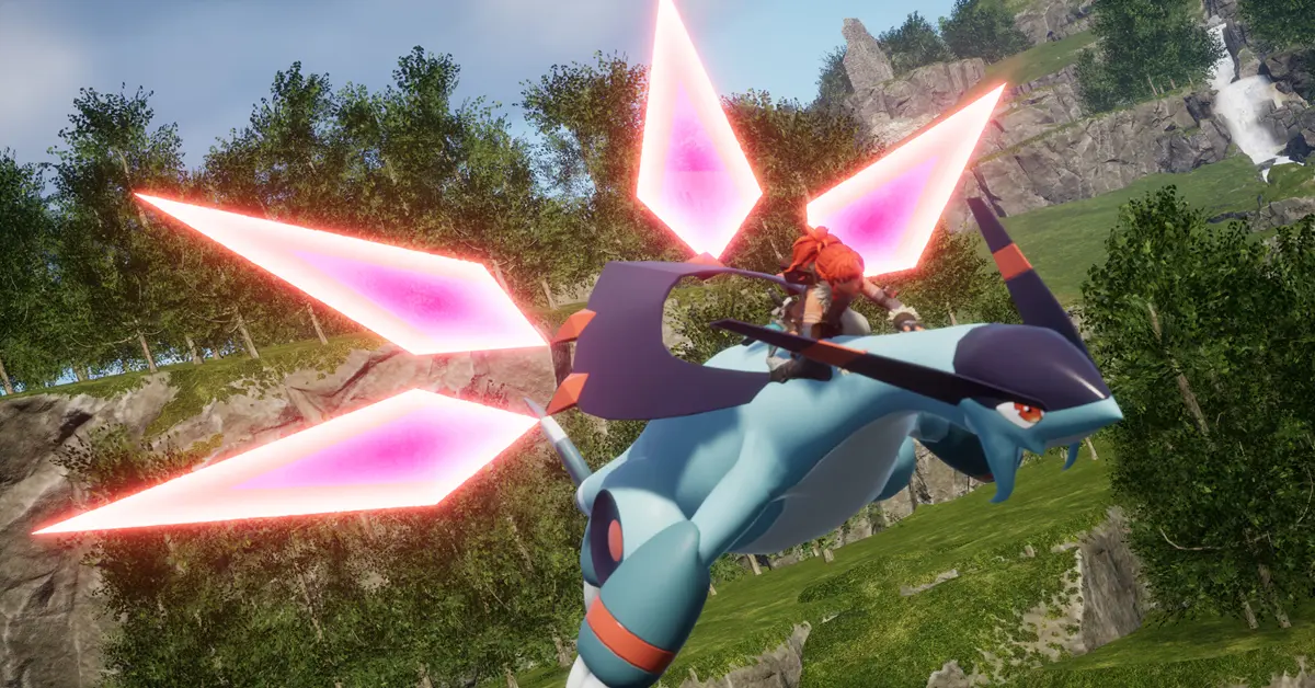 Ein Spieler reitet auf einem großen blauen Drachen-Pal über eine detaillierte Graslandschaft in Palworld