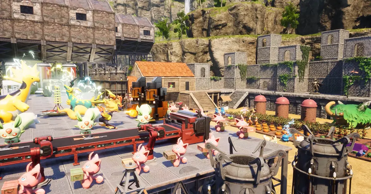 Palworld-Gameplay zeigt Basisautomatisierung und das Sammeln von Kreaturen.