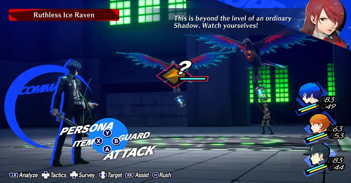 Rundenbasiertes Kampf-UI von Persona 3 Reload, das die 