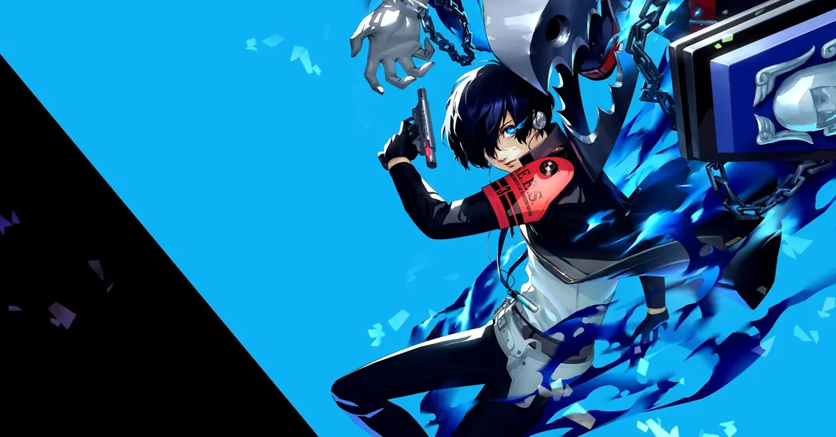 Persona 3 Reload-Protagonist mit seinem Evoker vor einem stilisierten blauen Hintergrund.