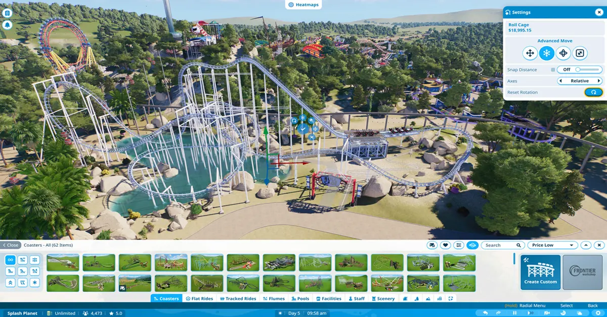 Planet Coaster 2 detaillierte Park-Management-Benutzeroberfläche oder Wasserpark-Konstruktion