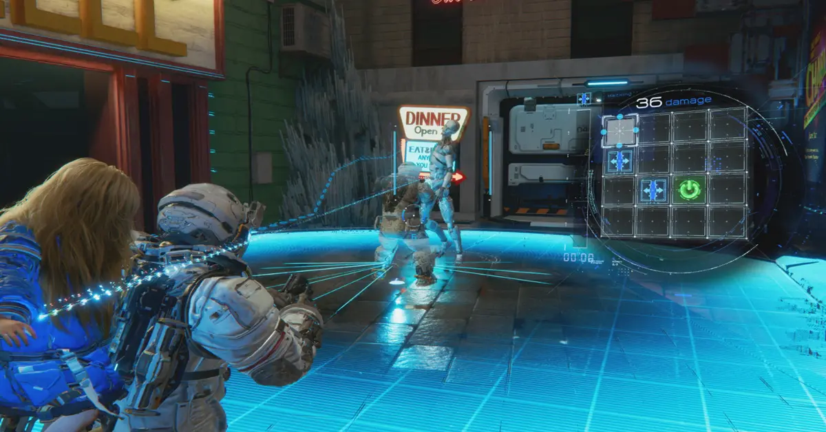 Gameplay-Screenshot von Pragmata, der den Kampf gegen Roboter-Feinde in einer verzerrten Mondumgebung zeigt.