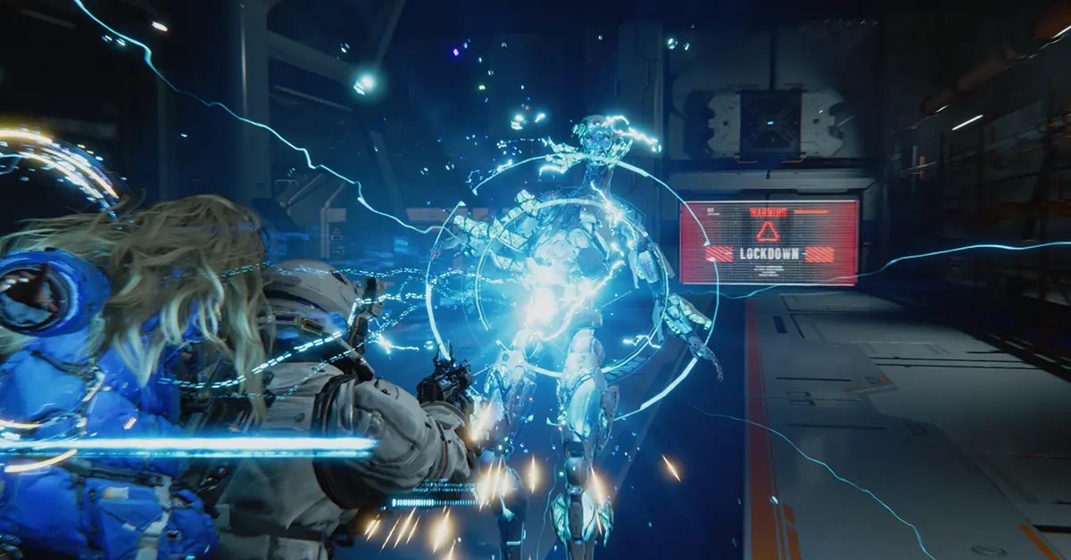 Hugh und Diana interagieren innerhalb der KI-gesteuerten Mondbasis in PRAGMATA.