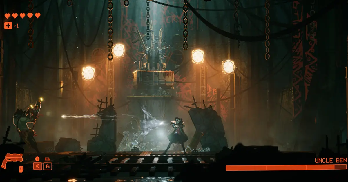 Nahaufnahme von R.E.A.C.H. in Kampfpose gegen Feinde in einer dunklen Gasse.