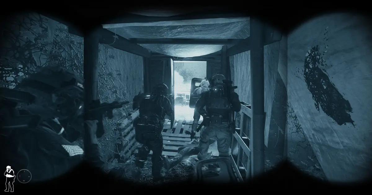 Schwer bewaffnetes Ready or Not SWAT-Team bereitet sich auf den Zugriff in einem dunklen Raum vor