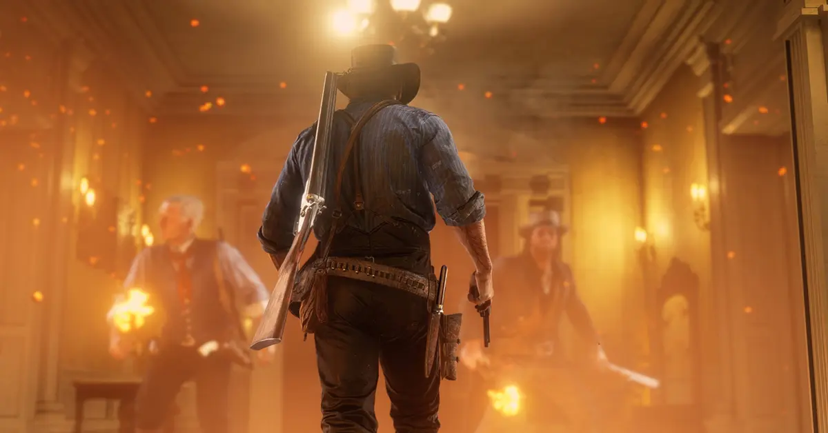 Arthur Morgan mit gezücktem Revolver während eines angespannten Showdowns in Red Dead Redemption 2