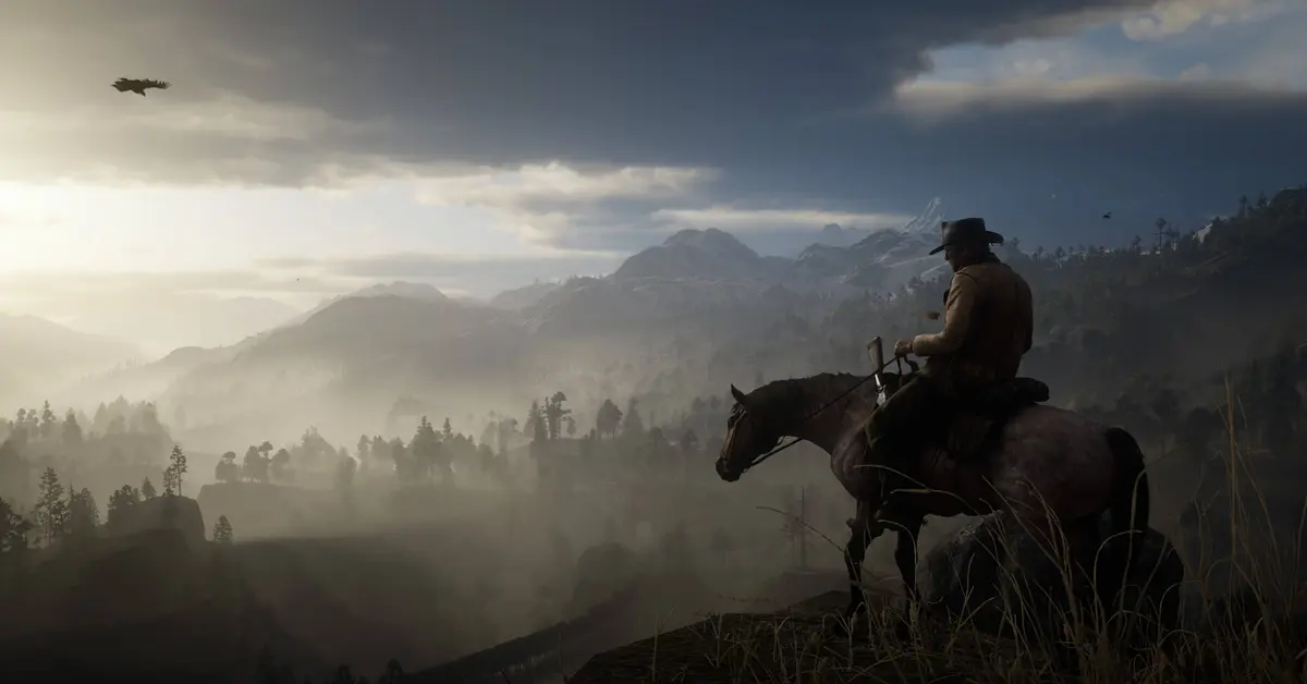 Arthur Morgan reitet auf einem Pferd durch eine weite, malerische Wildwest-Landschaft in Red Dead Redemption 2