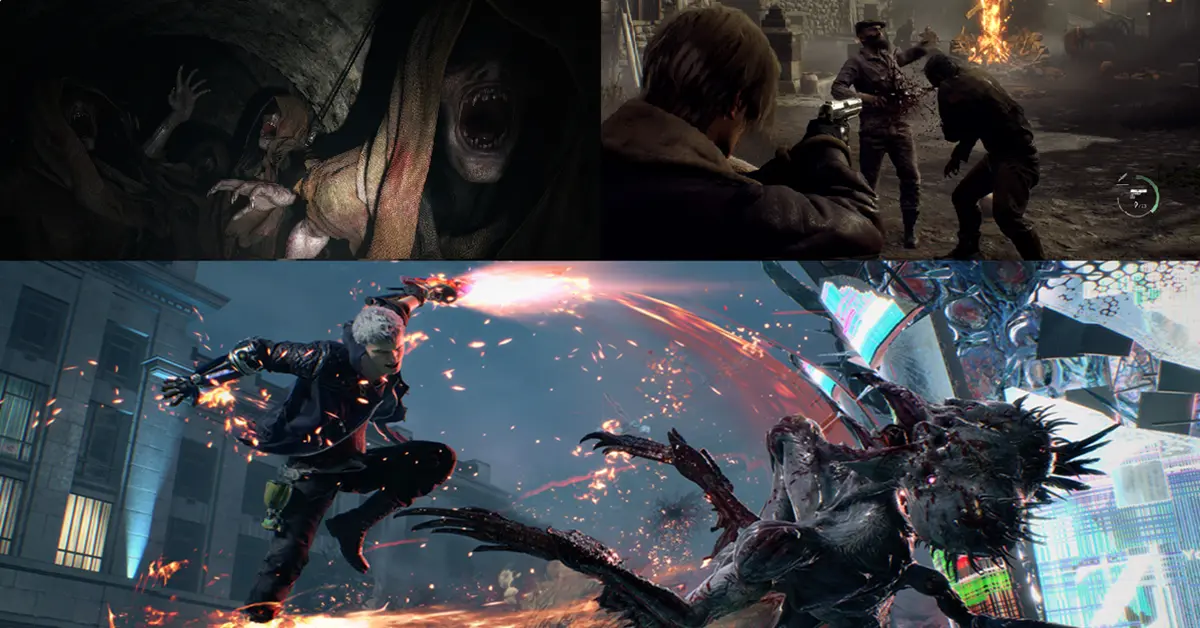 Ein geteilter Bildschirm, der Gameplay-Momente aus dem Resident Evil 4 Remake, Resident Evil Village und Devil May Cry 5 vergleicht