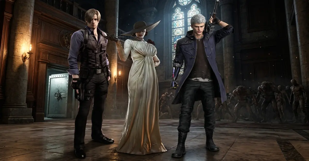 Leon S. Kennedy aus dem Resident Evil 4 Remake neben Lady Dimitrescu aus Resident Evil Village und Nero aus Devil May Cry 5