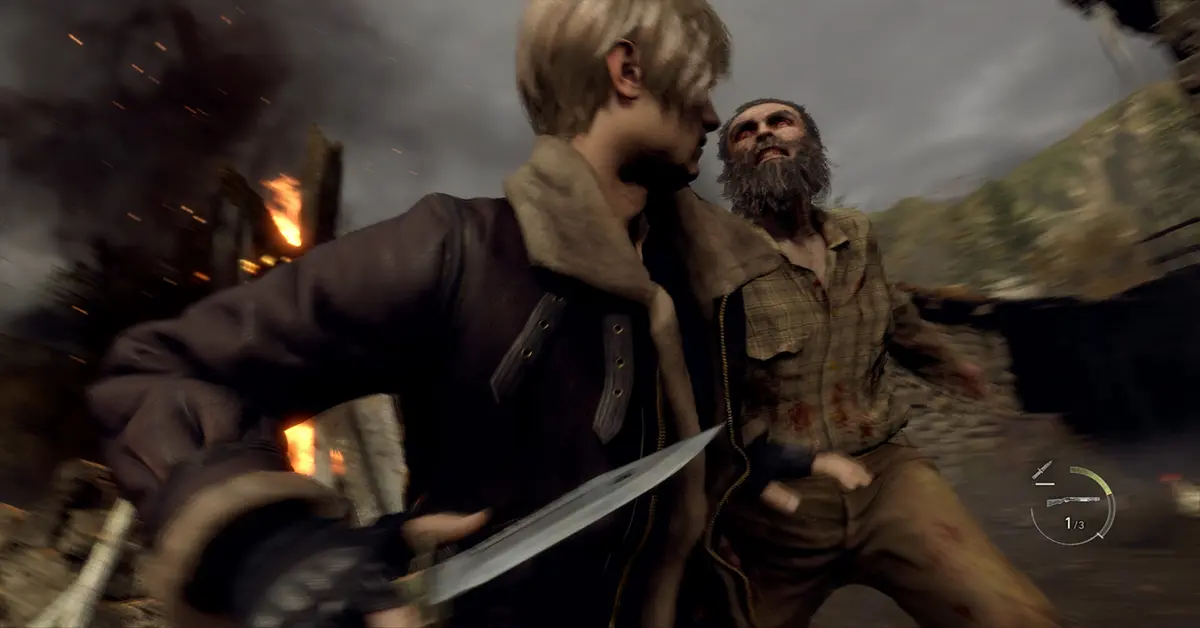 Leon kämpft in einer intensiven Kampfbegegnung im Resident Evil 4 Remake gegen infizierte Dorfbewohner