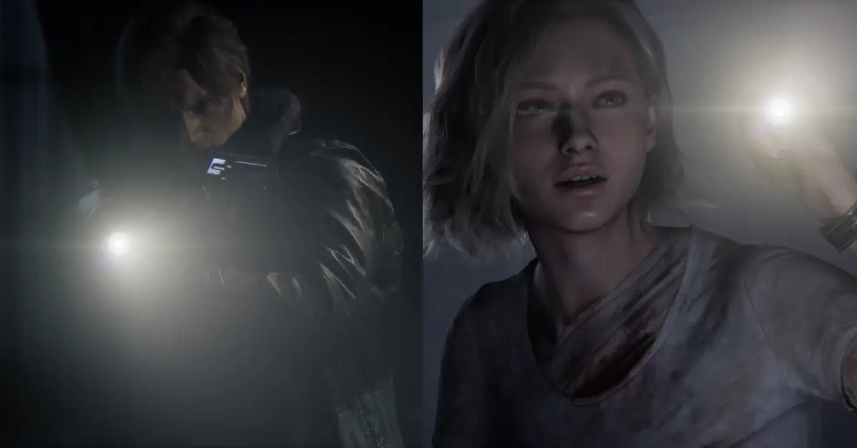 Split-Screen zeigt Leon beim Feuern einer Waffe und Grace, die sich mit einer Taschenlampe versteckt