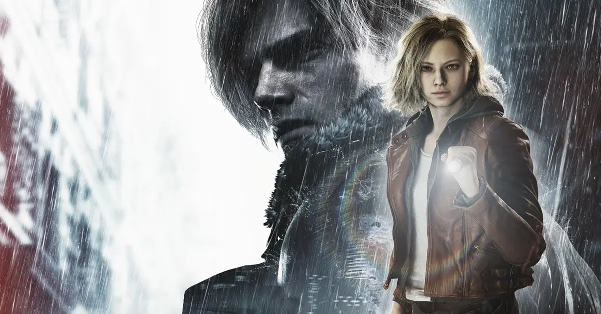 Leon S. Kennedy und Grace Ashcroft erkunden eine dunkle, neblige Straße in Resident Evil Requiem