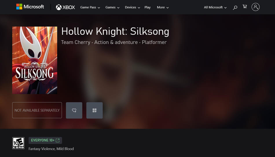 Microsoft Store Seite für Hollow Knight Silksong