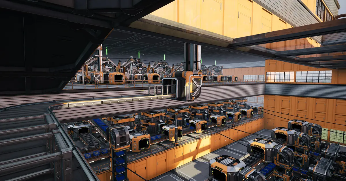 Eine Nahaufnahme einer komplexen Förderbandkreuzung, die Ressourcen in ein Manufaktor-Gebäude in Satisfactory einspeist.
