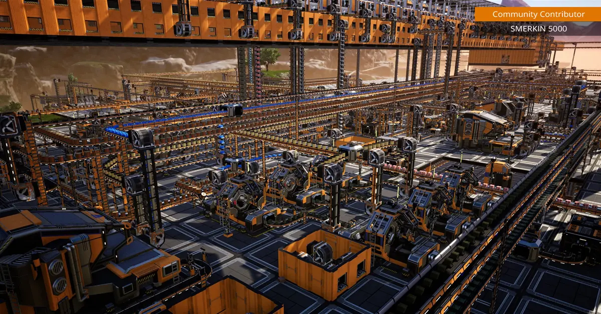 Ein riesiger, mehrstöckiger und automatisierter Fabrikkomplex in Satisfactory, der Förderbänder und Raffineriemaschinen umfasst.