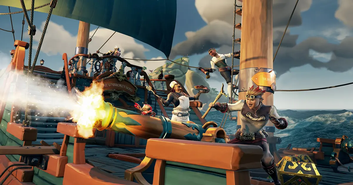 Zwei Piratensloops tauschen Kanonenfeuer innerhalb einer schrumpfenden roten Kampfgrenze aus.