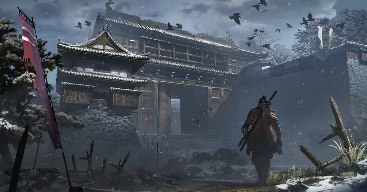 Der Wolf steht mit seinem Katana in der Umgebung des Sengoku-Japan von Sekiro Shadows Die Twice