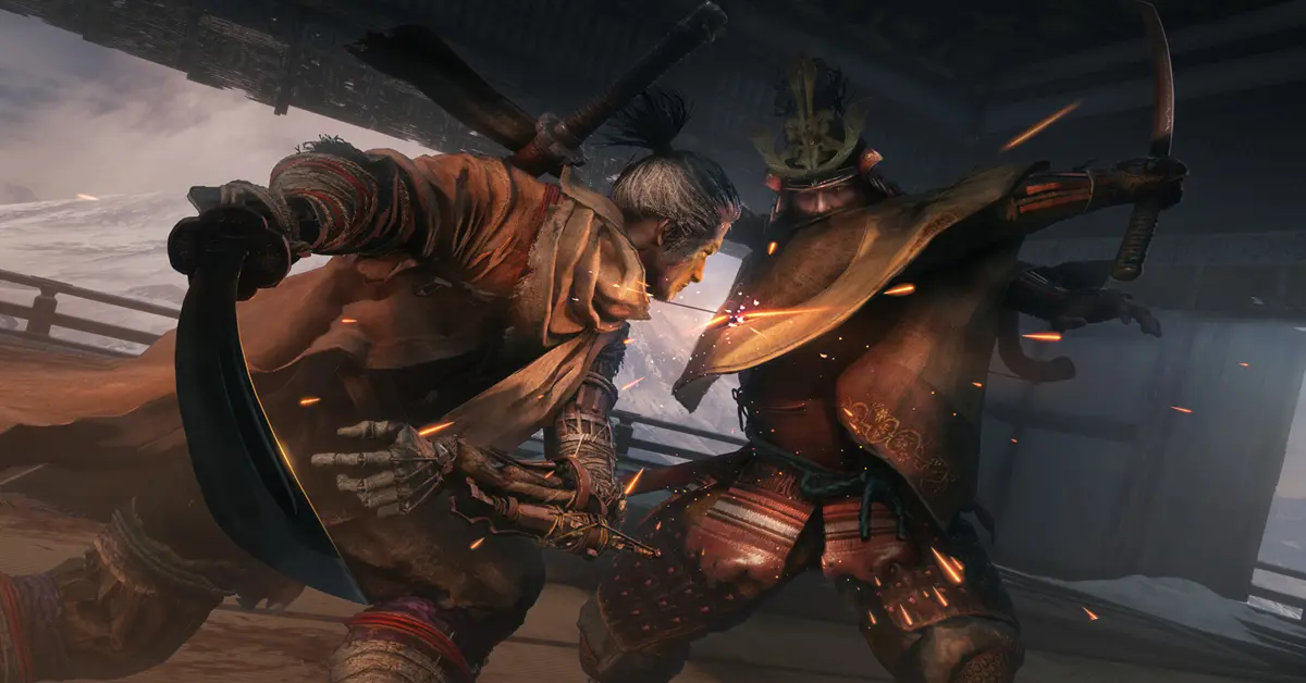 Sekiro Wolf im Duell auf dem Dach der Burg Ashina