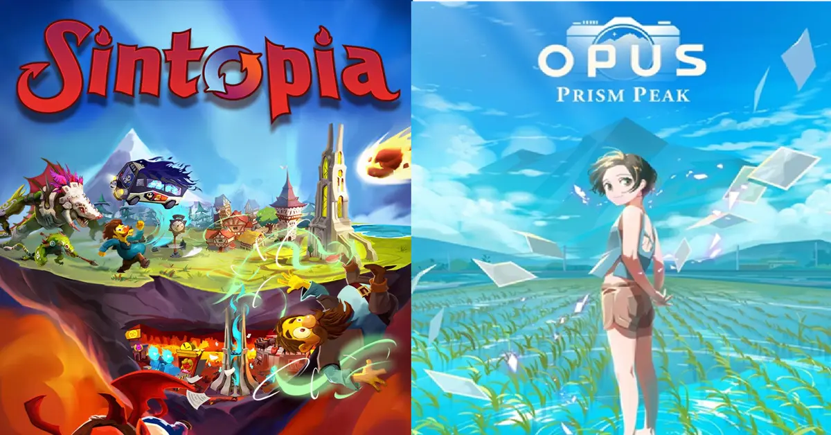 Split-Screen-Vergleich von Sintopia-Gameplay und der Landschaft von OPUS Prism Peak.