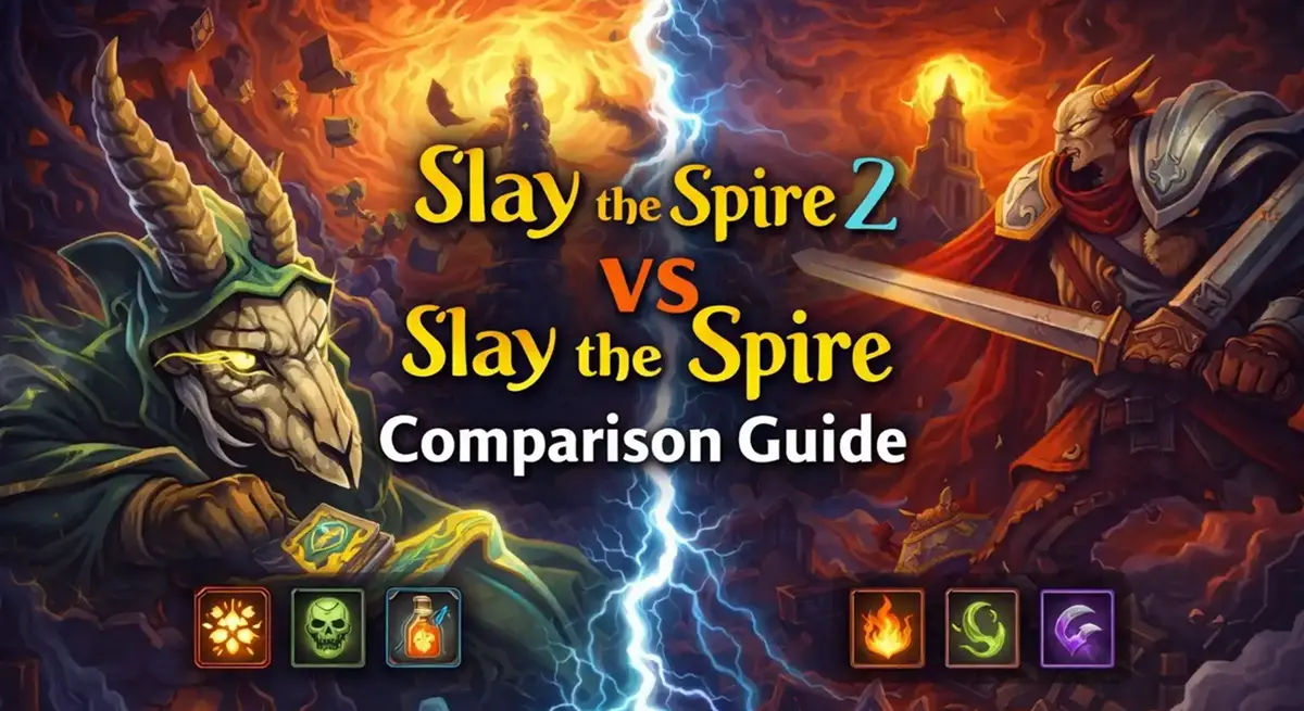 Side-by-Side-Vergleich von Slay the Spire 2 und dem Originalspiel zur Hervorhebung von UI-Verbesserungen.