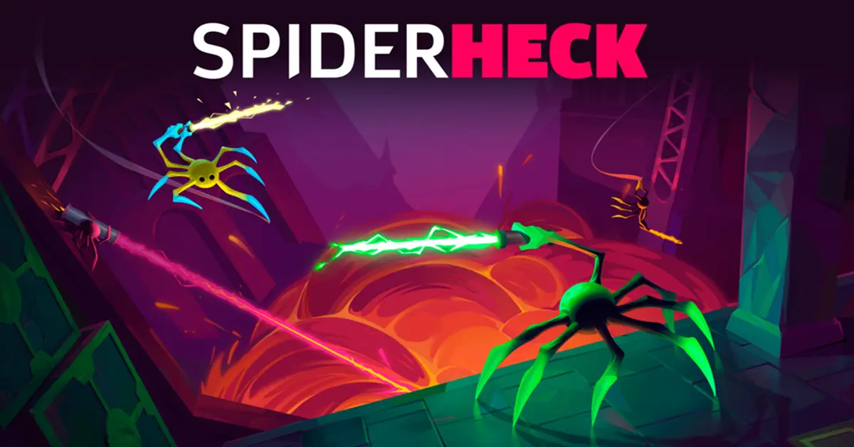 Neonfarbene Spinnen, die in einer physikbasierten Arena in SpiderHeck mit Laserschwertern kämpfen.